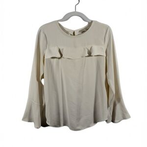 LOFT Tan ivory Ruffled Blouse with Bib Collar Ivory Front Long Sleeve‎ adult XS